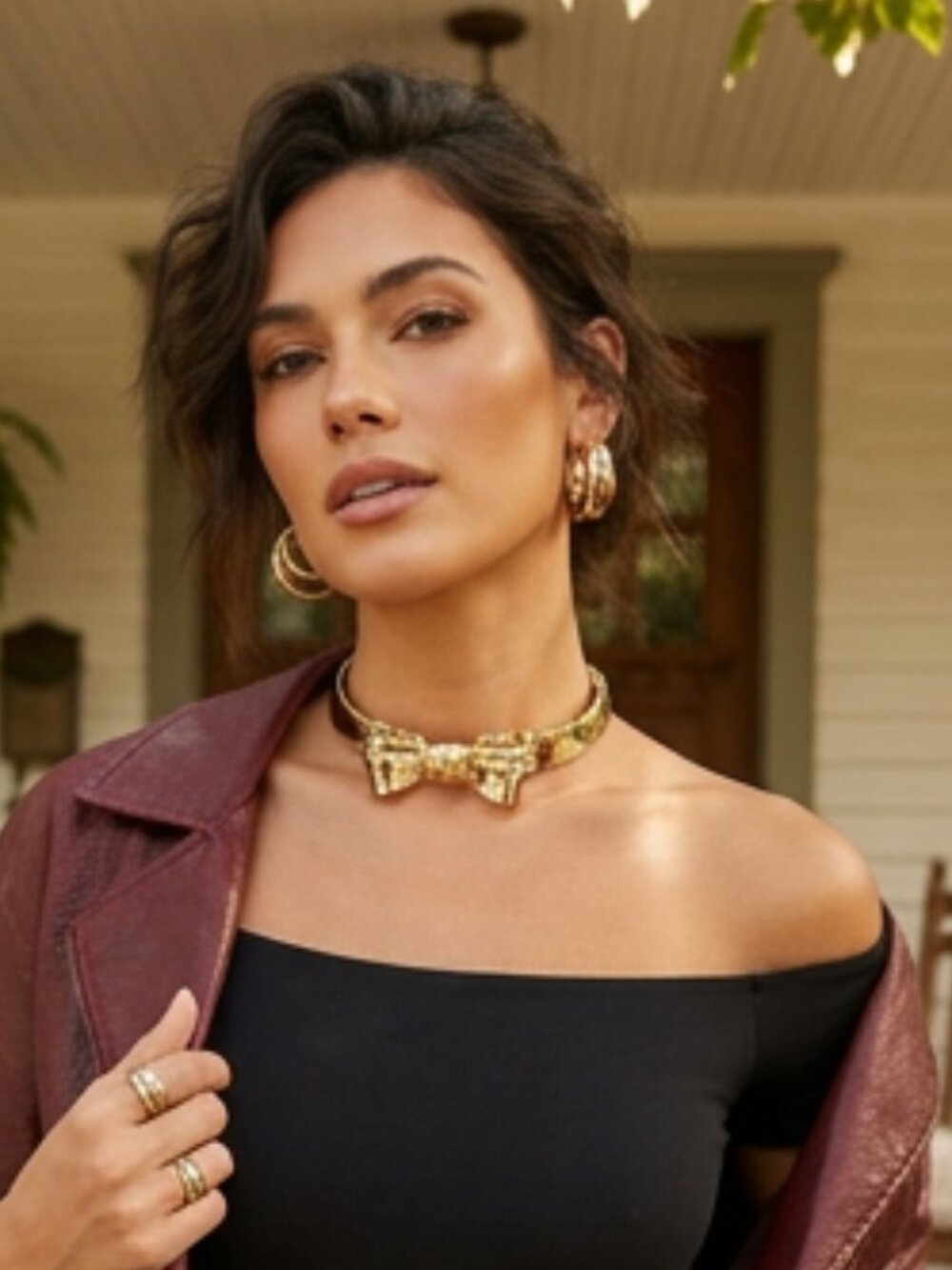 New Gold Tone Bow Choker Necklace Metal Statement Collar WN71